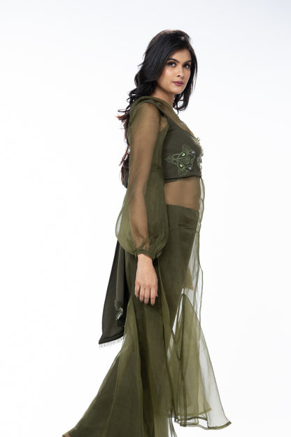 Sheer Organza Long Dress with Blouse and Flared Bottoms - Olive