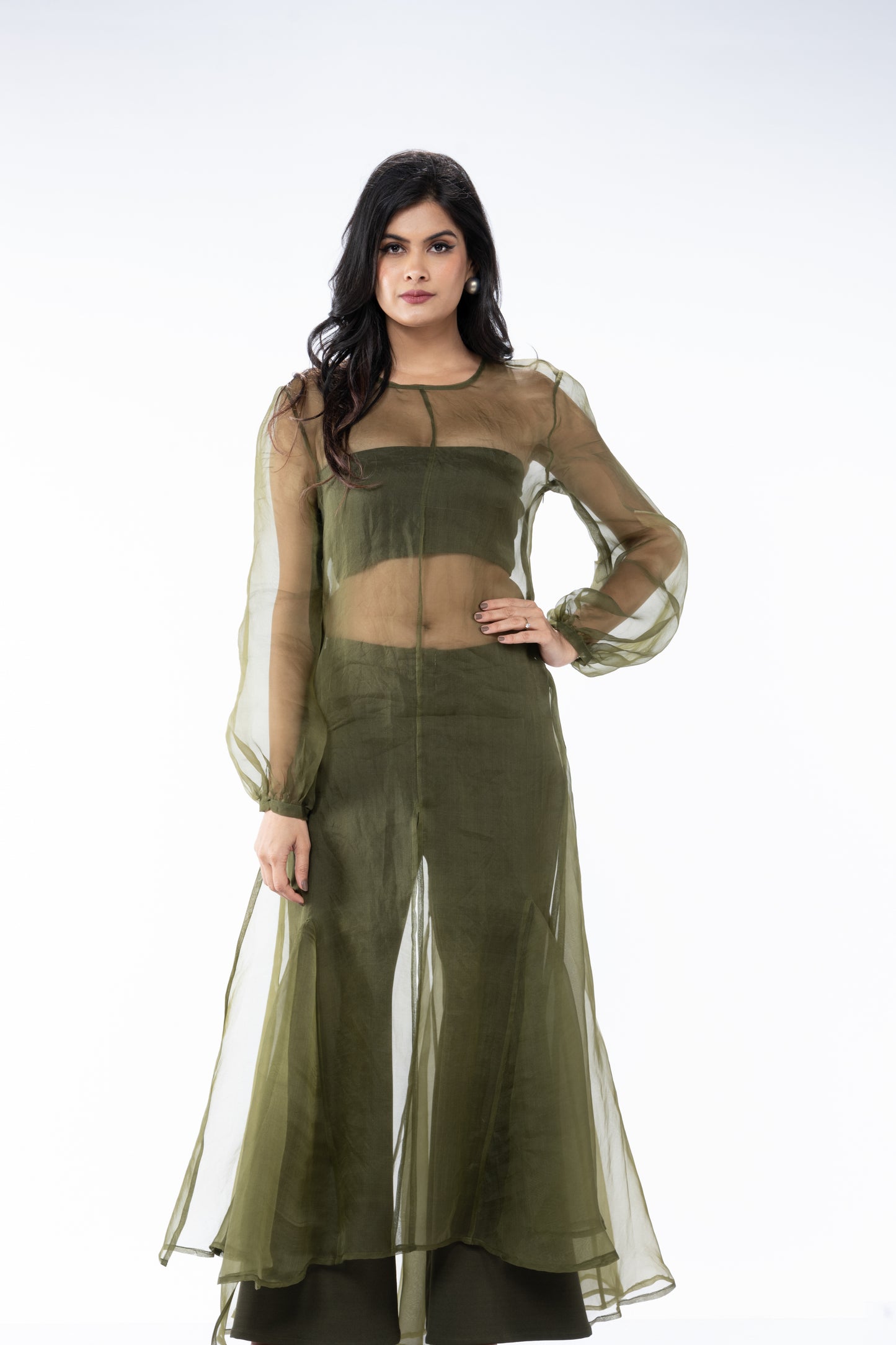 Sheer Organza Long Dress with Blouse and Flared Bottoms - Olive