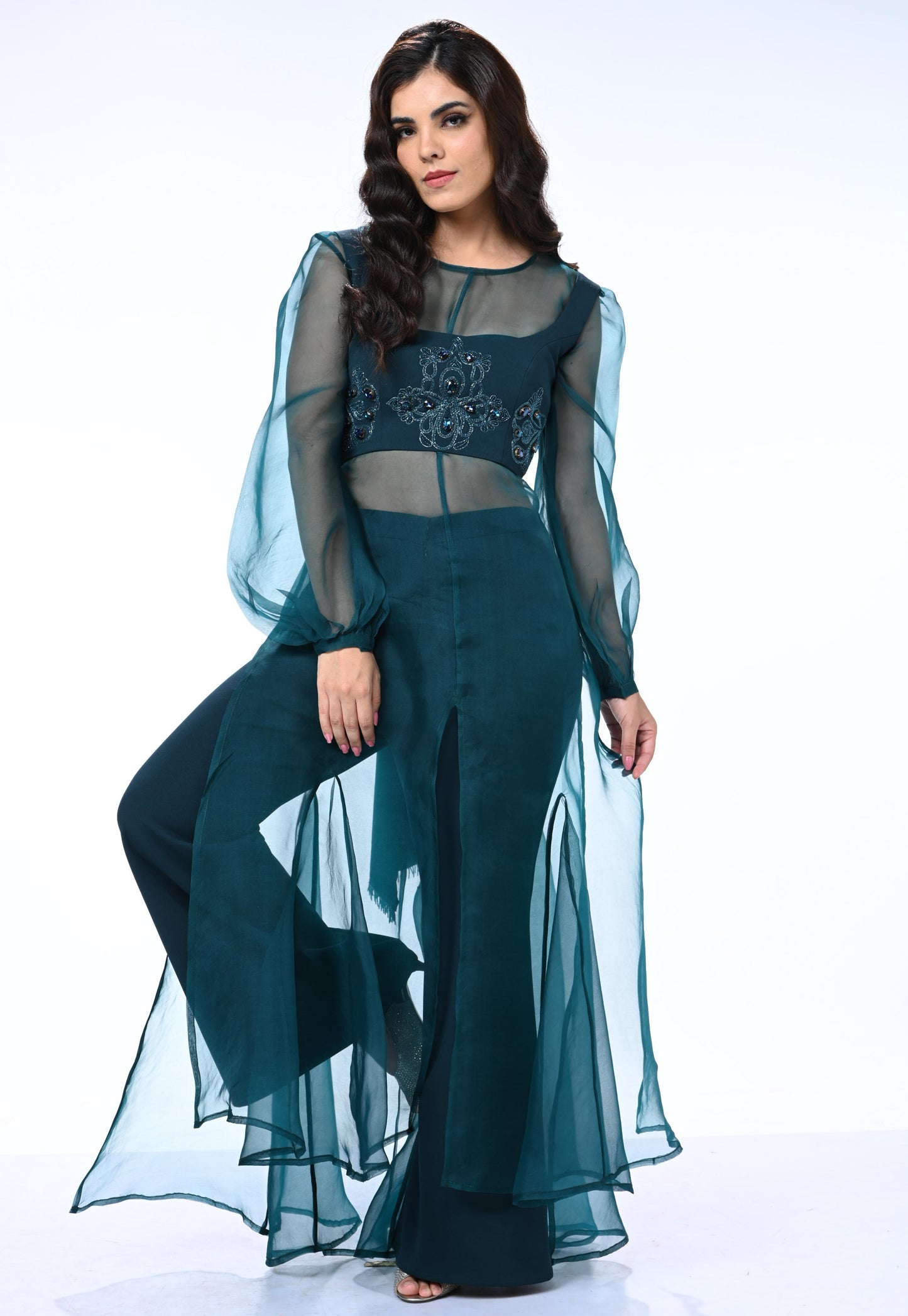 Sheer Organza Long Dress with Blouse and Flared Bottoms - Teal Blue