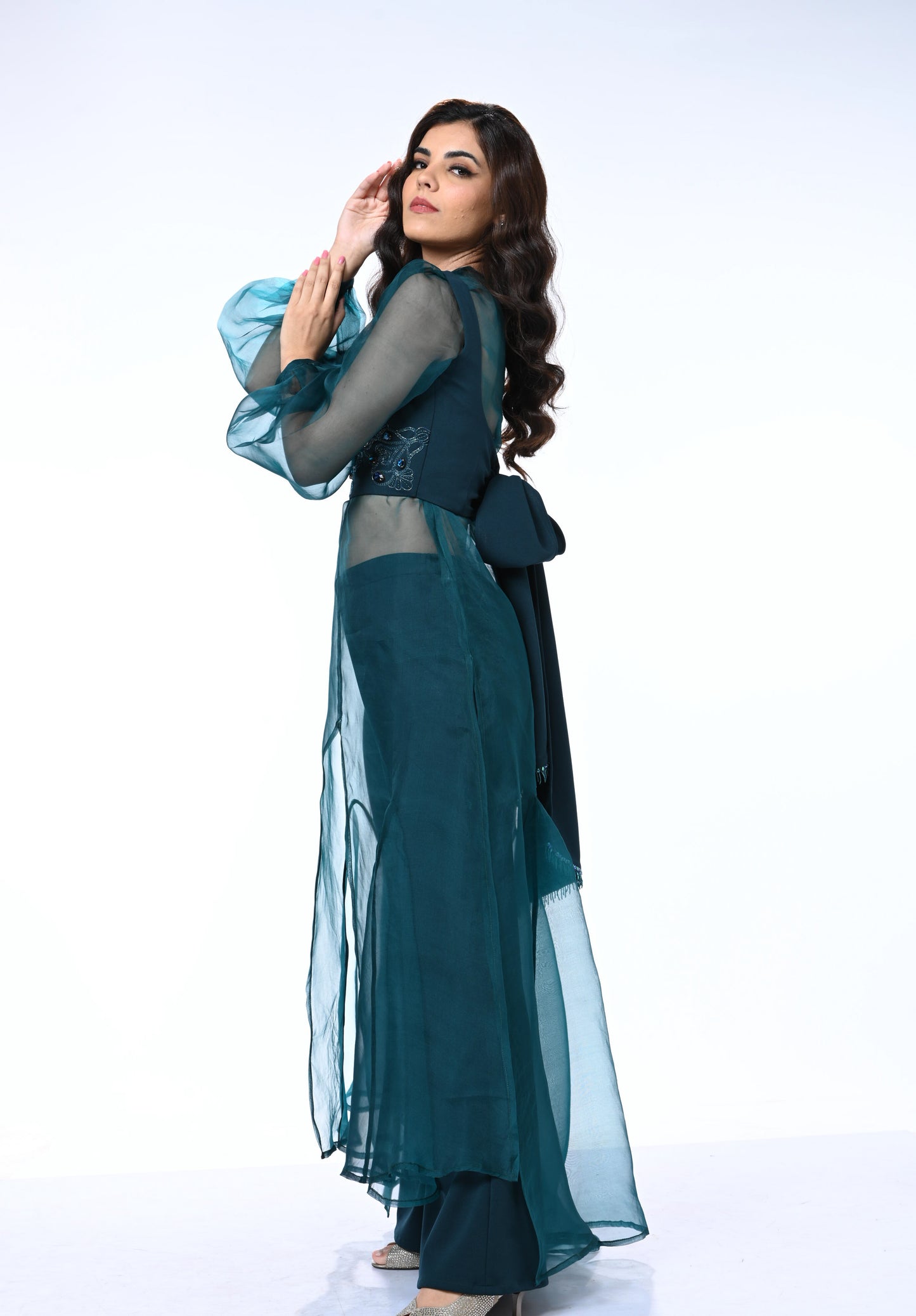 Sheer Organza Long Dress with Blouse and Flared Bottoms - Teal Blue