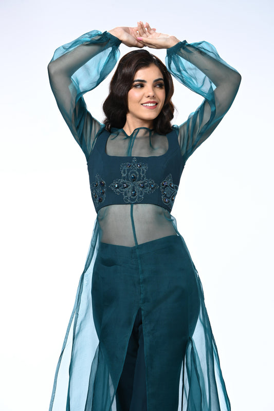 Sheer Organza Long Dress with Blouse and Flared Bottoms - Teal Blue