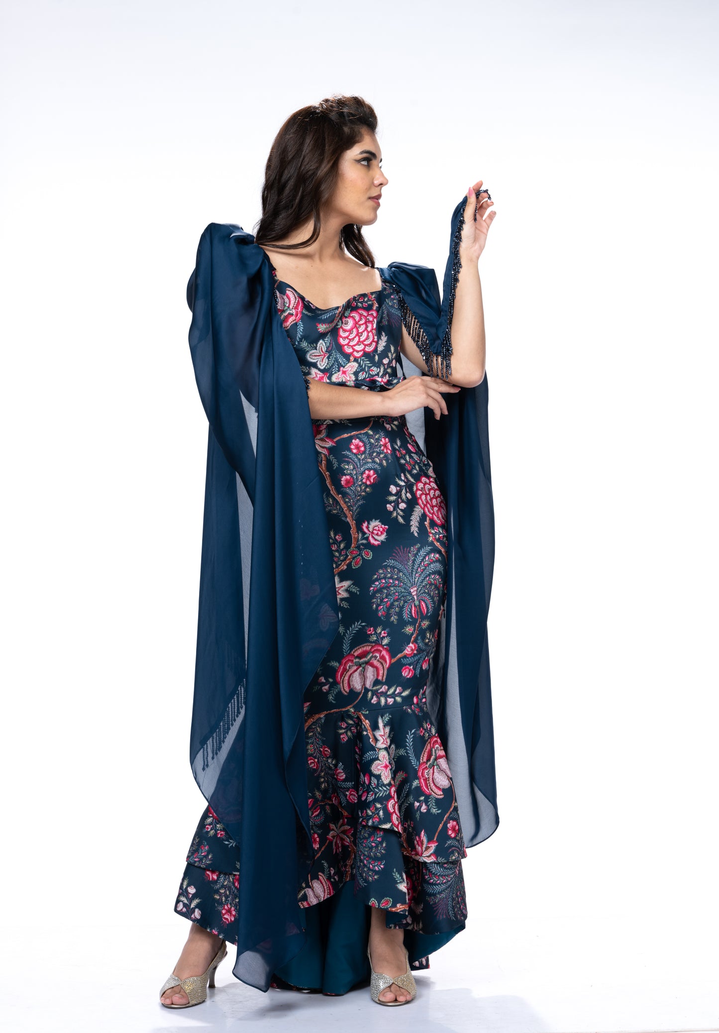 Floral Printed Dress - Detachable Sleeve Drapes