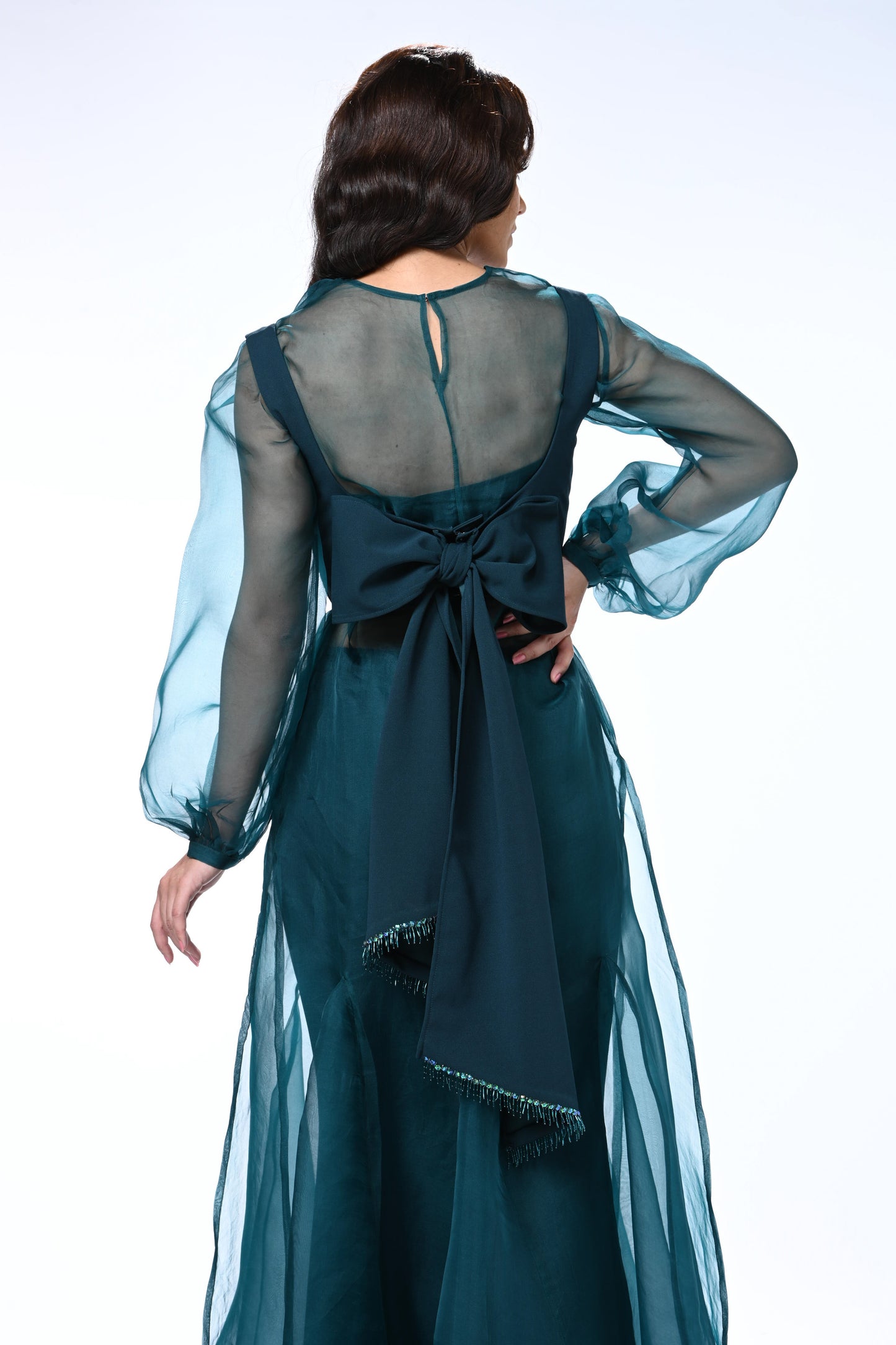 Sheer Organza Long Dress with Blouse and Flared Bottoms - Teal Blue