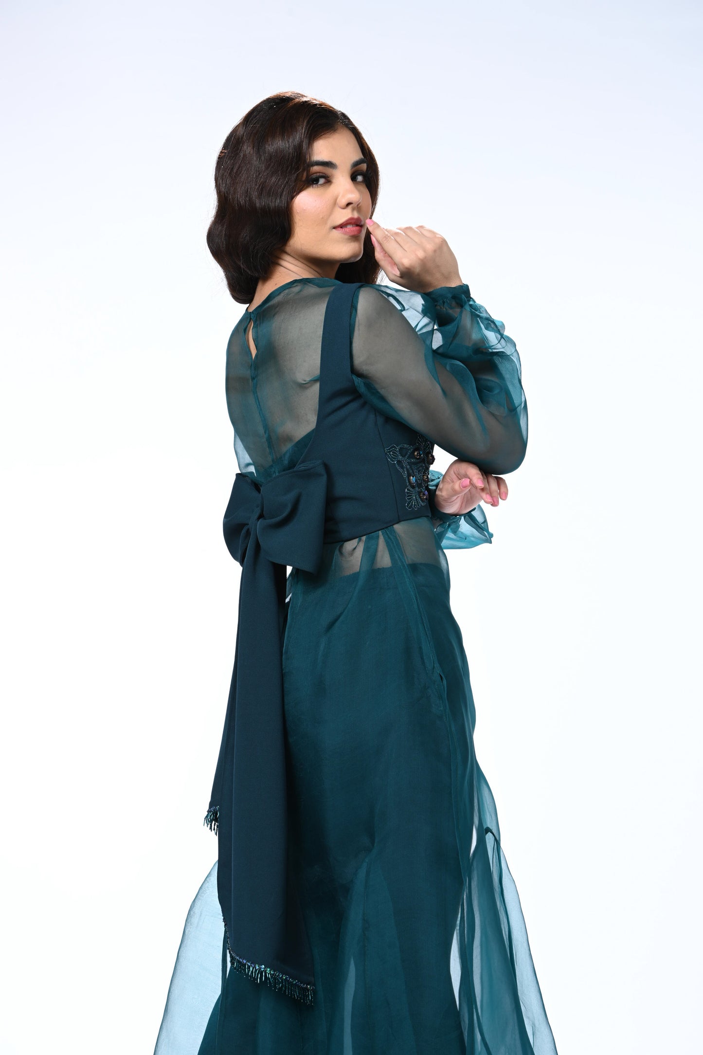 Sheer Organza Long Dress with Blouse and Flared Bottoms - Teal Blue