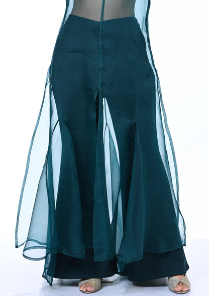 Sheer Organza Long Dress with Blouse and Flared Bottoms - Teal Blue