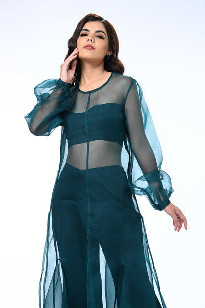 Sheer Organza Long Dress with Blouse and Flared Bottoms - Teal Blue