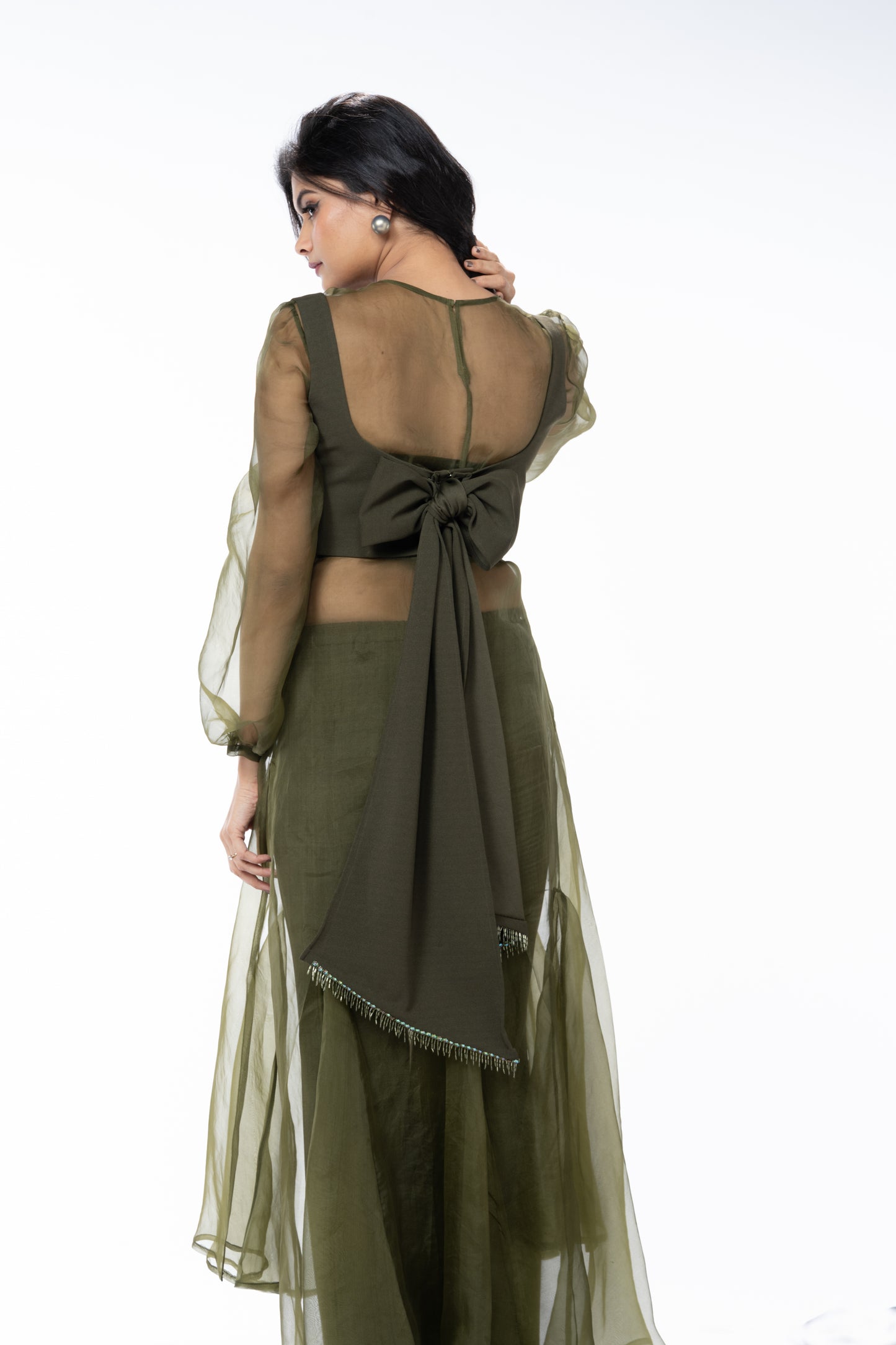 Sheer Organza Long Dress with Blouse and Flared Bottoms - Olive