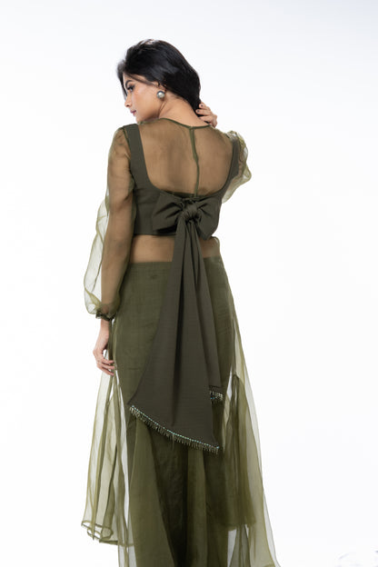 Sheer Organza Long Dress with Blouse and Flared Bottoms - Olive