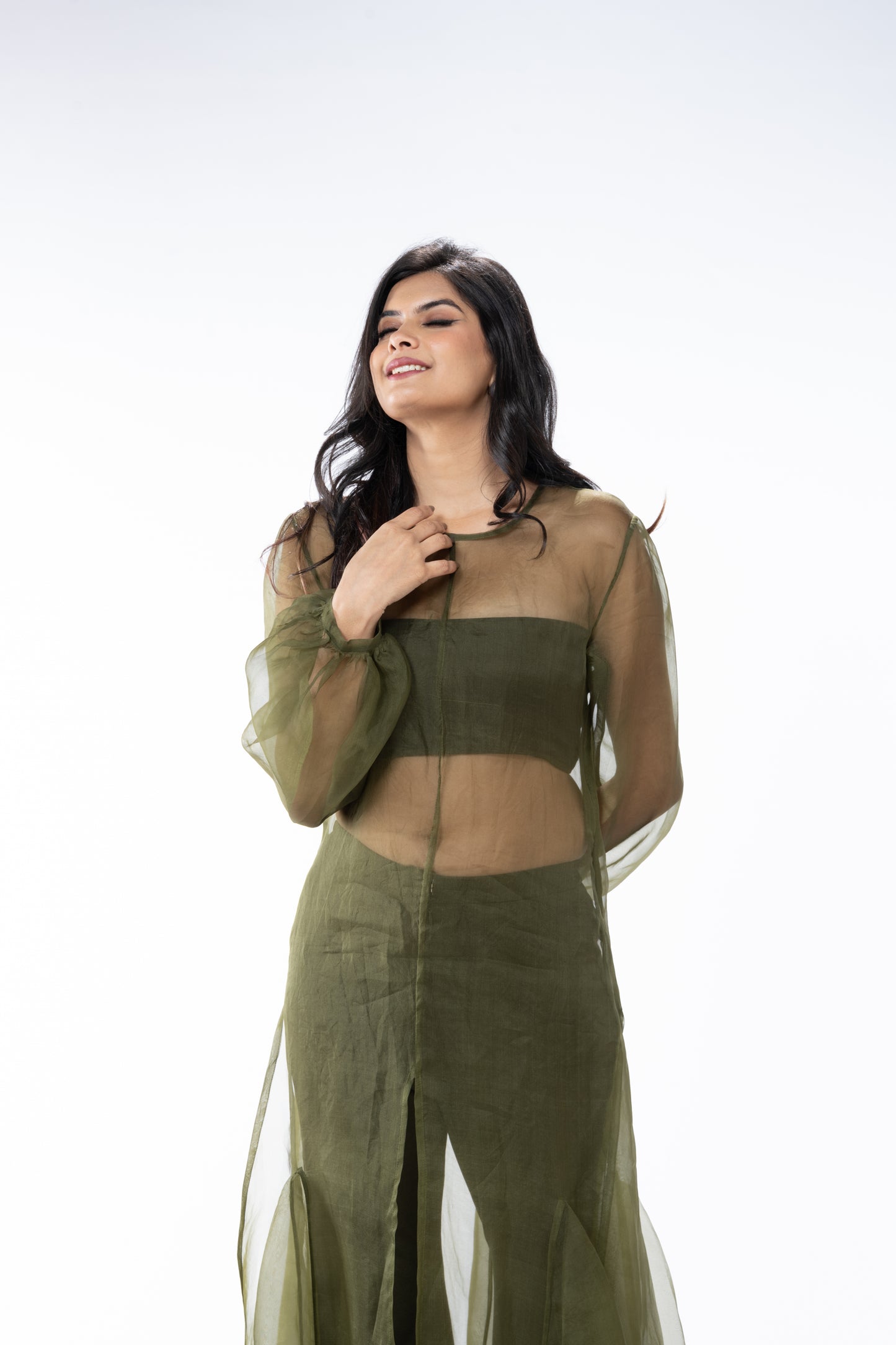 Sheer Organza Long Dress with Blouse and Flared Bottoms - Olive