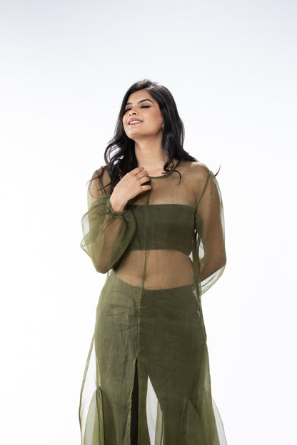 Sheer Organza Long Dress with Blouse and Flared Bottoms - Olive