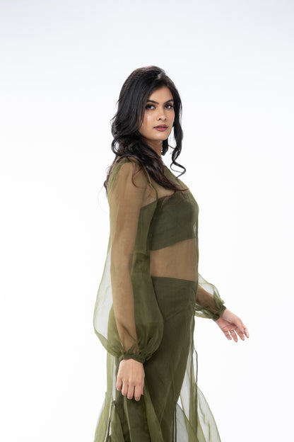 Sheer Organza Long Dress with Blouse and Flared Bottoms - Olive