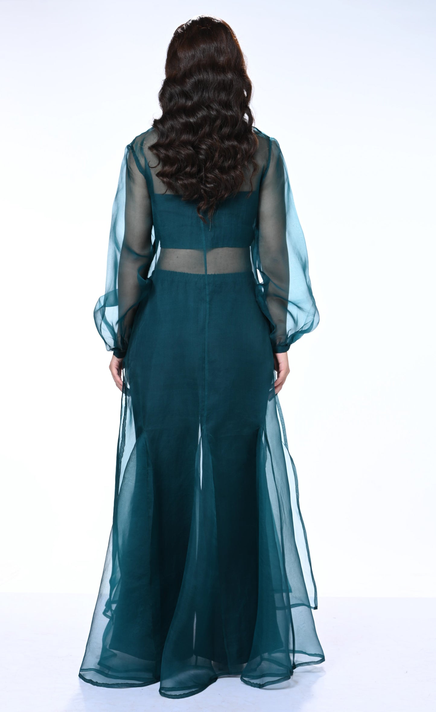 Sheer Organza Long Dress with Blouse and Flared Bottoms - Teal Blue