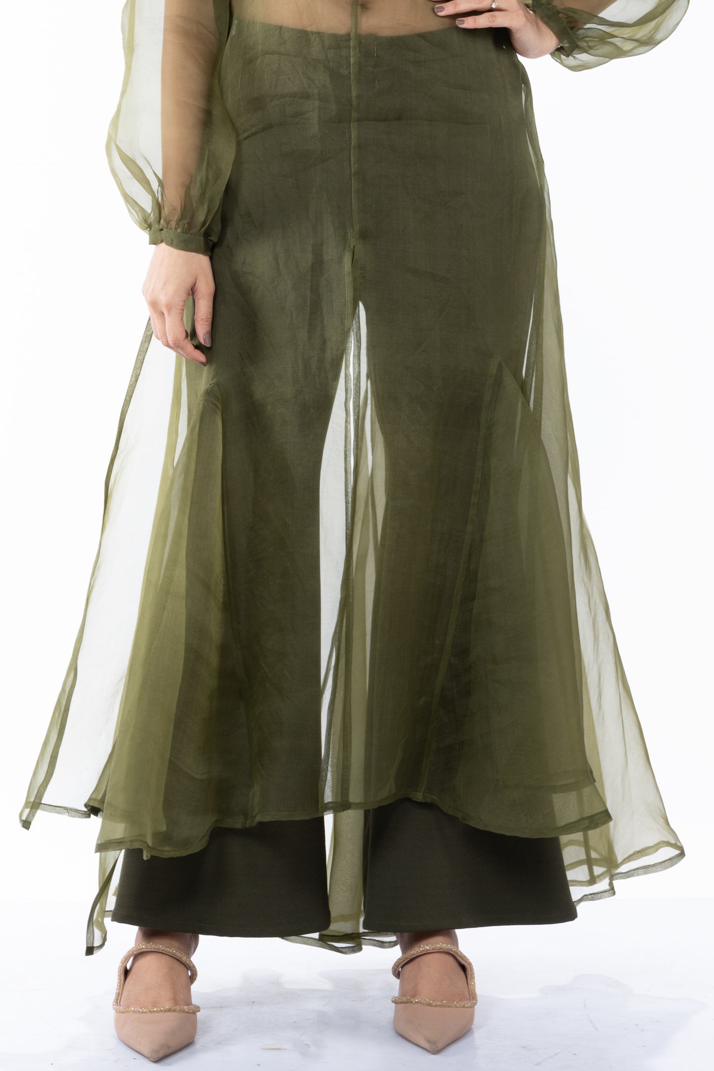 Sheer Organza Long Dress with Blouse and Flared Bottoms - Olive