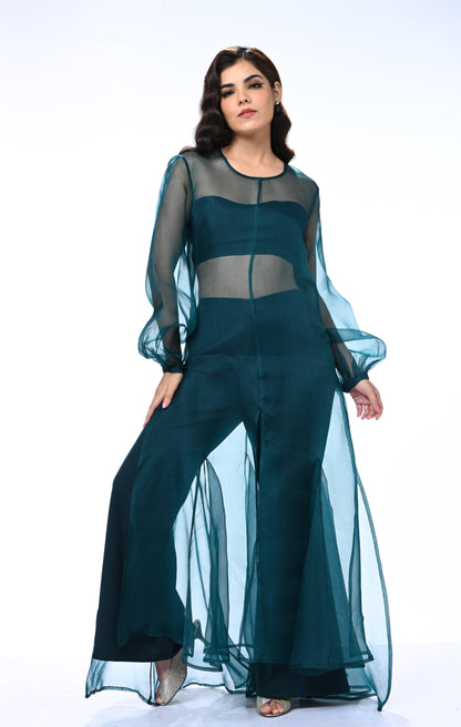 Sheer Organza Long Dress with Blouse and Flared Bottoms - Teal Blue