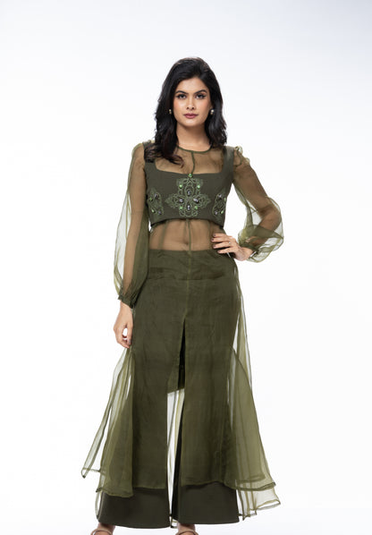 Sheer Organza Long Dress with Blouse and Flared Bottoms - Olive