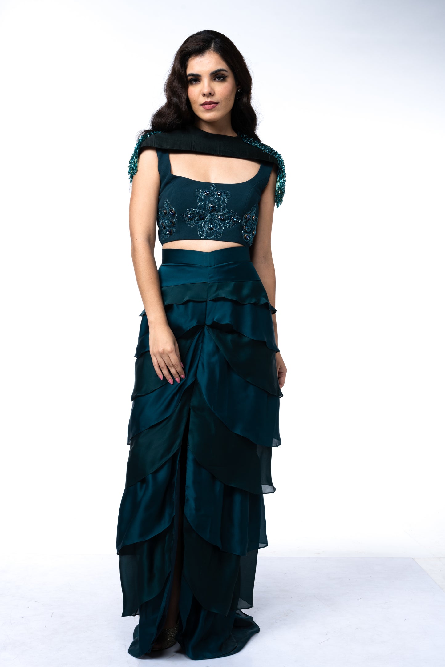 Layered Skirt with Blouse & Shoulder Cape