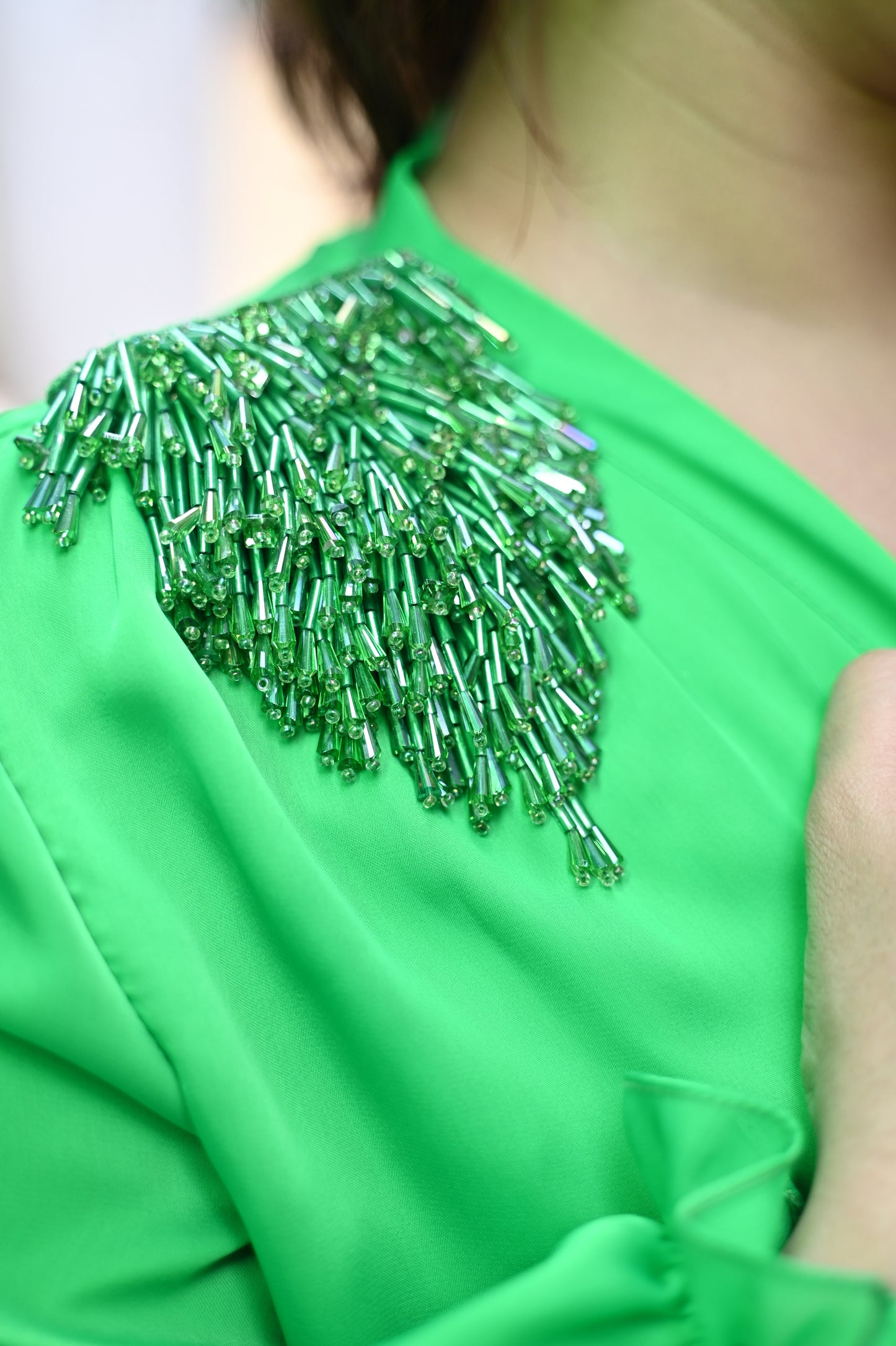 Green Dress with Detachable Drape & Brooch