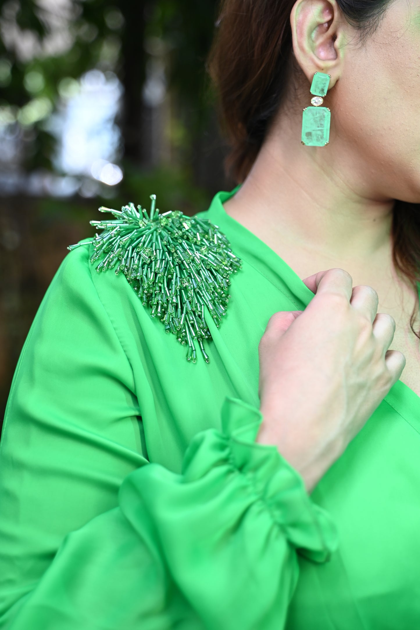 Green Dress with Detachable Drape & Brooch