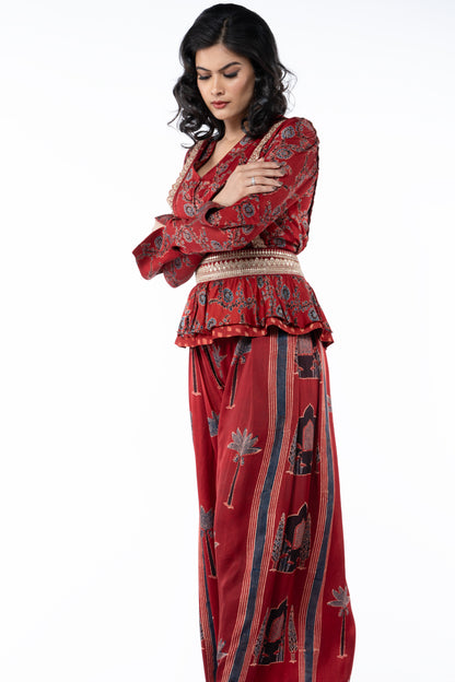 High Rise Palazzo Pants with Suspenders, Printed Blouse & Waist Belt