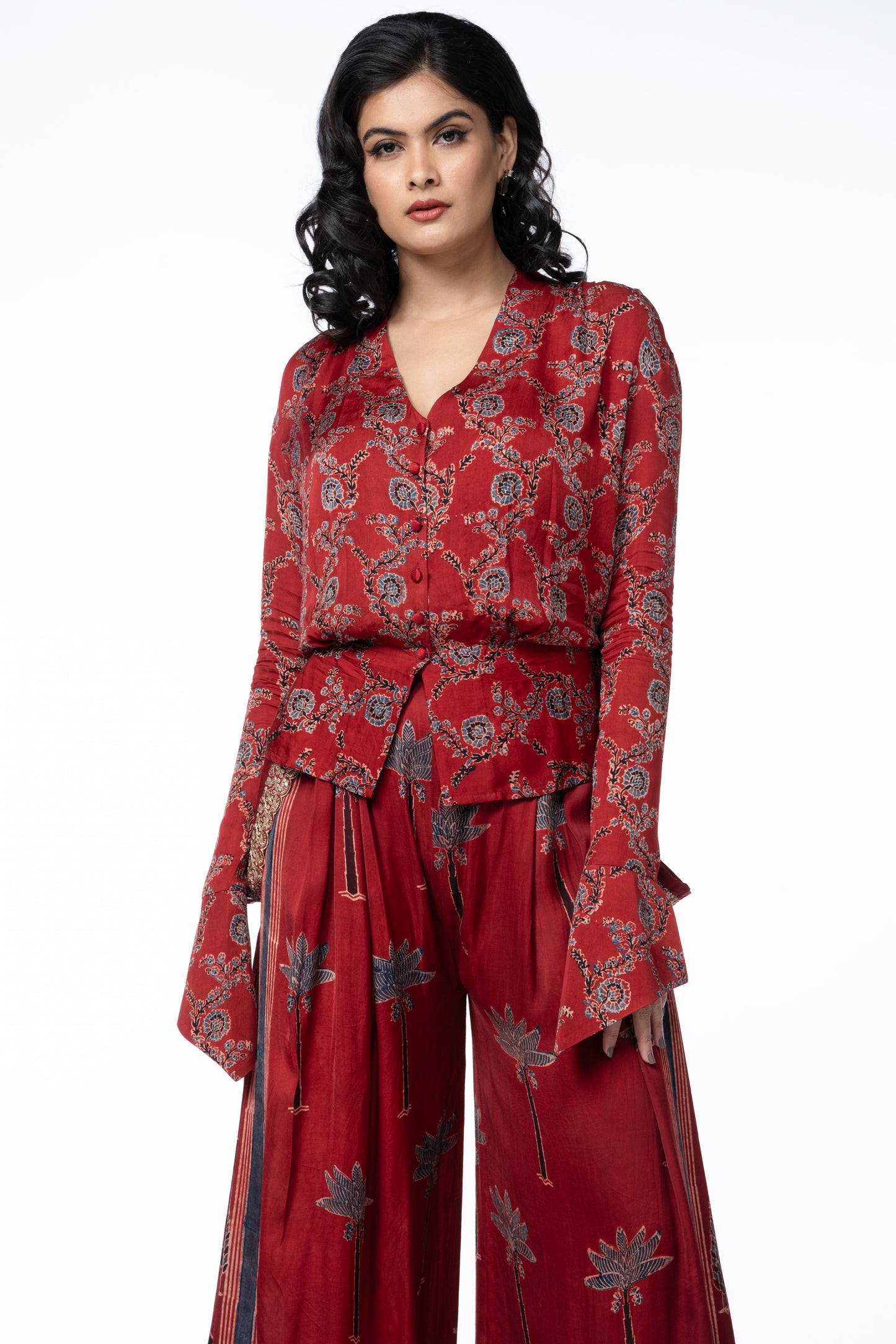 High Rise Palazzo Pants with Suspenders, Printed Blouse & Waist Belt