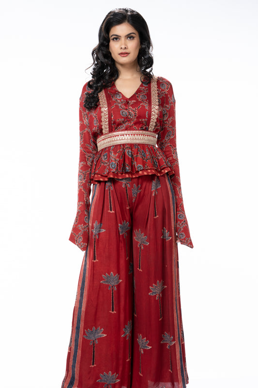 High Rise Palazzo Pants with Suspenders, Printed Blouse & Waist Belt