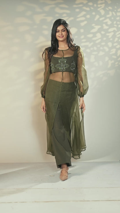 Sheer Organza Long Dress with Blouse and Flared Bottoms - Olive