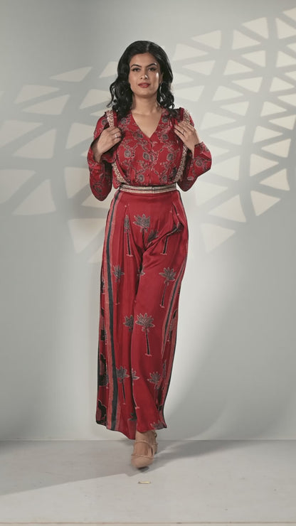 High Rise Palazzo Pants with Suspenders, Printed Blouse & Waist Belt