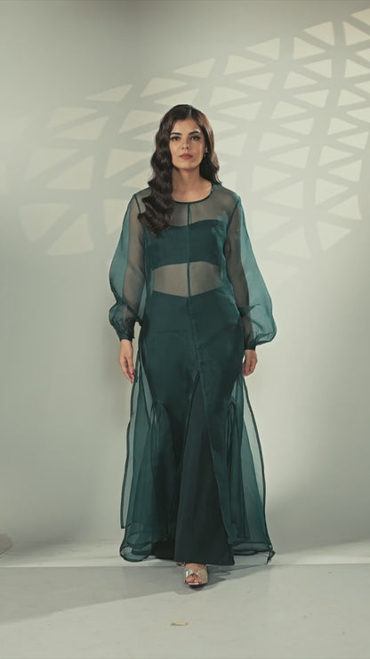 Sheer Organza Long Dress with Blouse and Flared Bottoms - Teal Blue